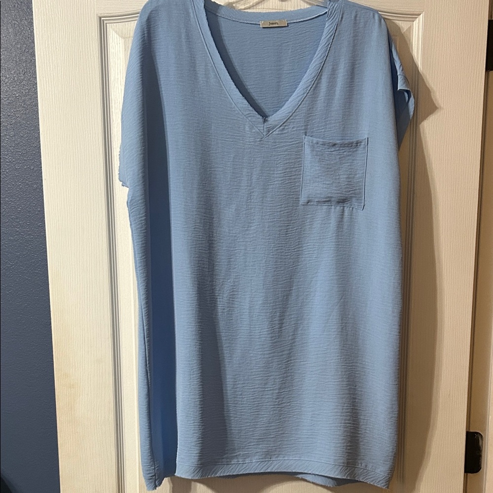 JODIFL Light Blue V-Neck Short Sleeve Pocket Dress